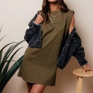 PIECES olive green padded shoulder mini T-shirt dress.